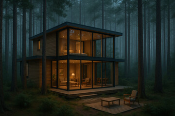 Modern Glass-Walled Cabin Nestled in Forest Offering Peaceful Nature Retreat