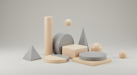 Geometric shapes composition featuring cylinders spheres cones cubes and disks in neutral colors