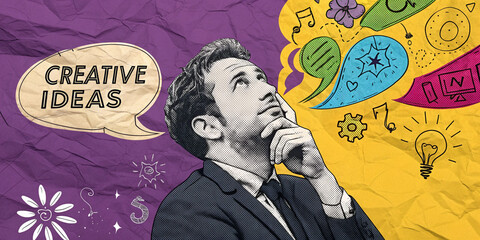 A Man Surrounded by Comic Speech Bubbles Representing Creative Thoughts and Ideas