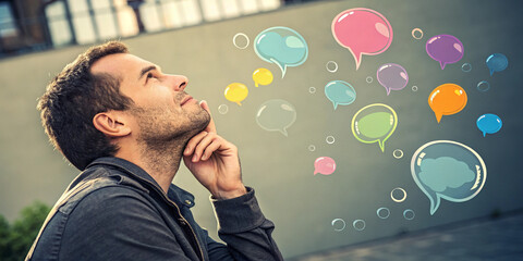 A Man Thinking Surrounded by Colorful Empty Speech Bubbles Representing Ideas and Creativity