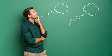 A Man Thinking with Speech Bubbles Above His Head on a Green Background Representing Ideas and Creativity