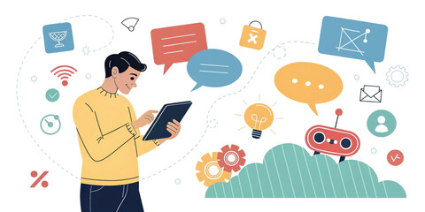 A Man Using a Tablet Surrounded by Colorful Speech Bubbles Representing Communication and Interaction
