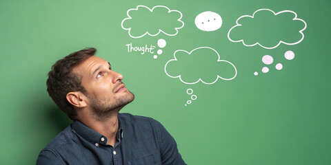 A Man Thinking with Speech Bubbles Above His Head on a Green Background Representing Ideas