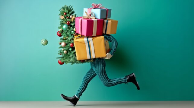 Man is running with a Christmas tree and presents. The man is carrying a lot of presents and the Christmas tree is also on his back. The scene is festive and joyful