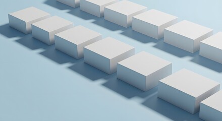 Rows of white cubes arranged diagonally on a light blue surface casting shadows in a minimalist style