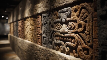 Aztec symbols animating across stone as ancient gods breathe design into life
