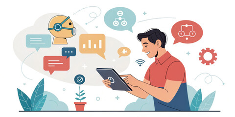 A Man Using a Tablet Surrounded by Colorful Speech Bubbles Representing Communication