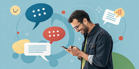 A Man Using a Smartphone Surrounded by Colorful Chat Bubbles on a Blue Background