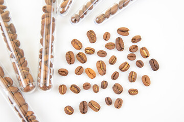 Coffee Industry Testing and Inspection – Roasted coffee beans under laboratory examination with scientific instruments, symbolizing quality control in coffee production