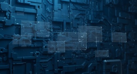 Blue abstract background with geometric shapes and transparent squares floating in the space