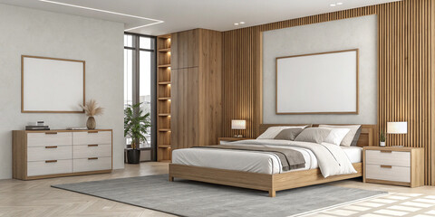 A Minimalist Bedroom Interior Featuring a Mock Blank Poster for Personalization