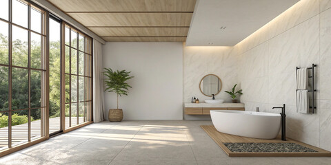 A Minimalist Bathroom Interior Featuring a Blank White Wall for a Clean Aesthetic