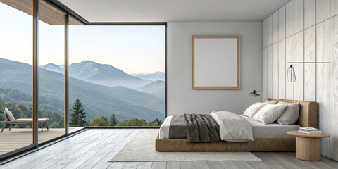 A Minimalist Bedroom Interior with a Blank Poster Frame for Personalization