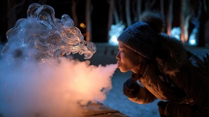 Girl in winter hat and jacket blowing on ice sculpture of dragon with burning candle inside, creating steam, in dark snowy environment with lanterns in background - Powered by Adobe