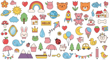 Adorable Cartoon Clipart Collection Cute Animals, Objects, and Nature Elements for Kids