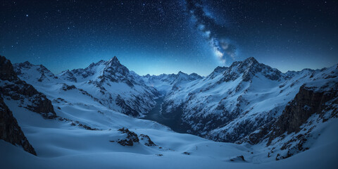 Snowy mountain range under a starry night sky for adventure and celestial themes. A majestic mountain range covered in snow