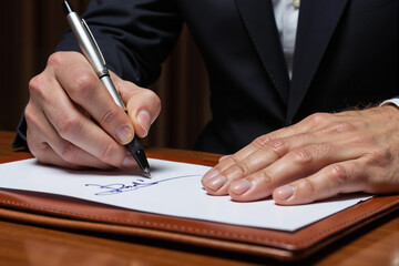 Close-up of a businessman's hand in a formal suit signing a contract or important legal document with a silver pen on a leather desk pad, finalizing a corporate deal