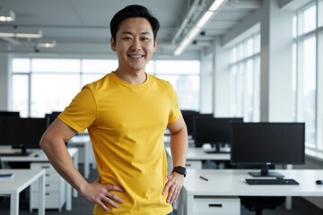 confident and fit Asian man in a bright yellow t-shirt stands with his hands on his hips in a large, modern, open-plan office, a strong image of a creative professional or tech startup employee
