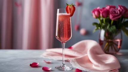 Strawberry Bellini in a champagne glass. The glass is decorated with large ripe strawberries, cut in half. The Valentine's Day—themed background is scattered rose petals.