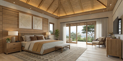 A Minimalist Bedroom with a Wooden Ceiling and Modern Design Elements