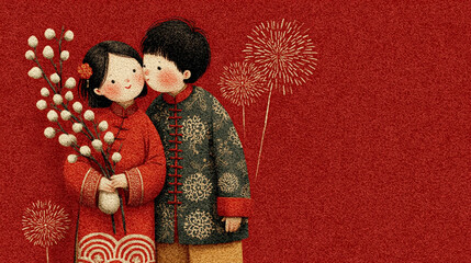 Lovely Couple in Traditional Attire: An illustration of a sweet couple, dressed in elegant traditional clothing, sharing a tender moment against a rich red background.