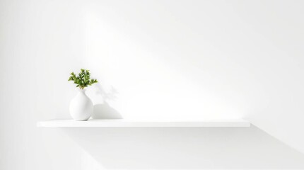 Plant in vase on a shelf. Minimalist white background provides a clean aesthetic for home decor.