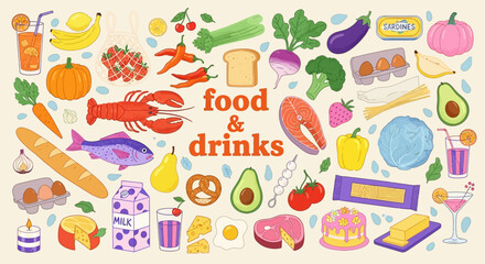 Vibrant Food and Drinks Illustration A Colorful Collection of Fresh Produce, Seafood, and Baked Goods
