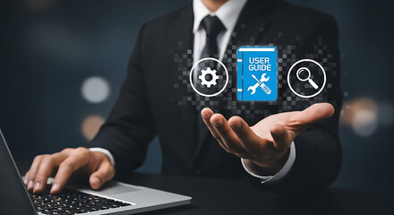 Digital User Guide Interface in Hand. User Guide Interaction ,User manual guide, Online instruction manual and strategy advice, .User Guide and Online Help System .