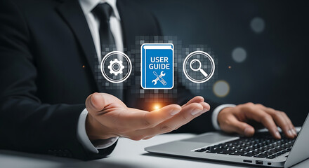 Digital User Guide Interface in Hand. User Guide Interaction ,User manual guide, Online instruction manual and strategy advice, .User Guide and Online Help System .