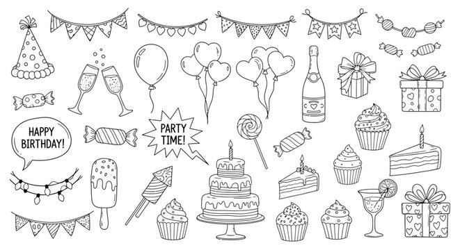 Hand-drawn Party & Birthday Illustrations  Celebrate with Cute Doodle Icons