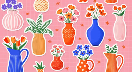 Vibrant Flower Arrangements in Colorful Vases A Collection of Decorative Stickers