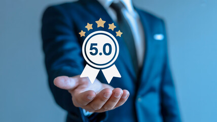 A professional business photo showing a hand holding a floating 3D digital badge icon against a blurred background