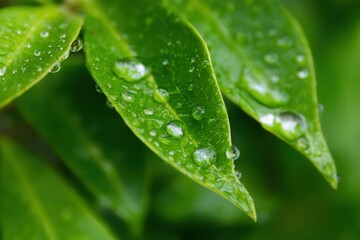 Fototapeta premium Close up of water droplets on fresh green leaves