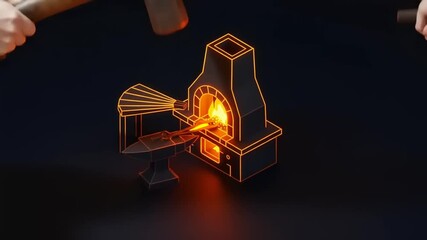 Digital illustration of a blacksmith forging metal in a glowing furnace, showcasing craftsmanship - Powered by Adobe