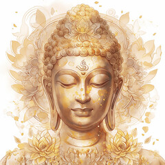 Golden Buddha sculpture surrounded by lotus flowers and intricate designs in a serene setting