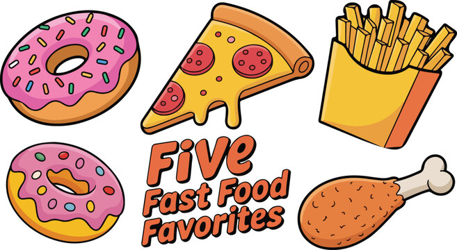 five fast food favorites cartoon illustration isolated on transparent background