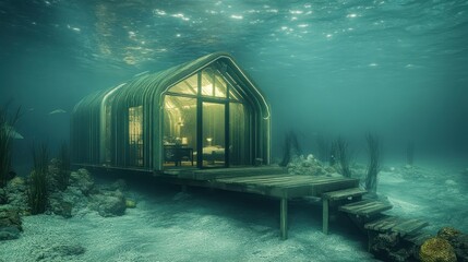 Underwater dwelling structure amidst a marine environment.