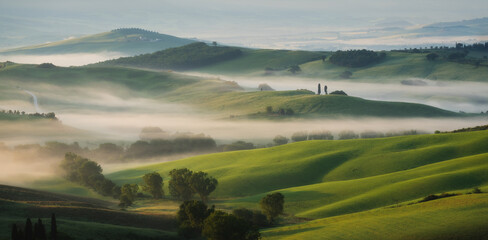 Panoramic view of green hills in Tuscany, Italy, with fog during sunrise