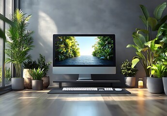 Serene Workspace Mockup Desktop & Plants