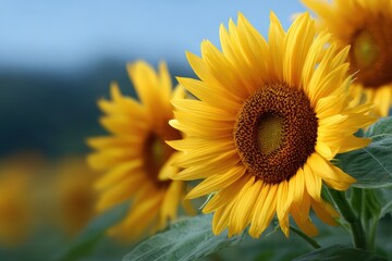 Obraz premium Close-up of bright sunflowers turning towards the summer sun in a vast field