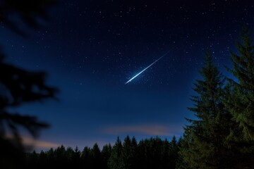 Meteor shower lighting up night sky over forest landscape, astronomy and natural wonder