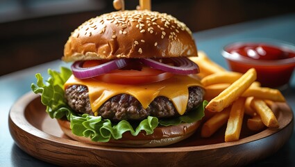 Cheeseburger with Red Onion Tomato Lettuce and French Fries