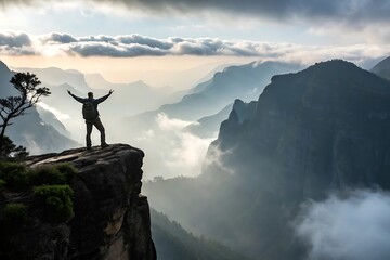 A solitary figure stands silhouetted against the sunset sky on a mountain peak, embodying the freedom and success of climbing
