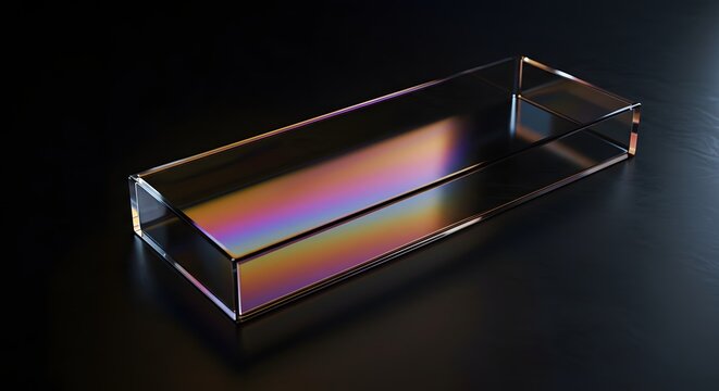 Close up of a rectangular glass prism showing spectral colors on a dark reflective surface studio shot