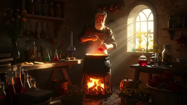 Elderly alchemist stirring a potion in a cozy, sunlit workshop filled with colorful ingredients