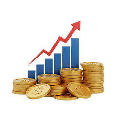 3D stacked golden coins with red upward arrow and blue bar chart for financial growth, success, or investment concept, isolated on a transparent background, png, cutout