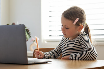 Young girl learning at home with laptop and notebook in bright room. Education concept.