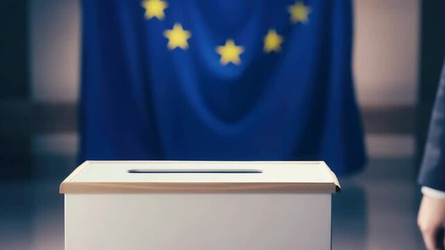Male voice in the EU: Voting in parliamentary elections against the backdrop of the EU flag.
