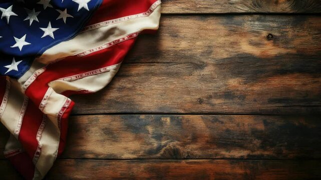 A folded American flag lying on a wooden table, suitable for patriotic events or as a decorative piece
