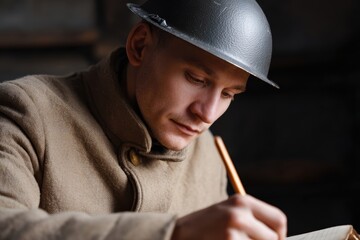 Obraz premium Soldier writing letter home from frontline